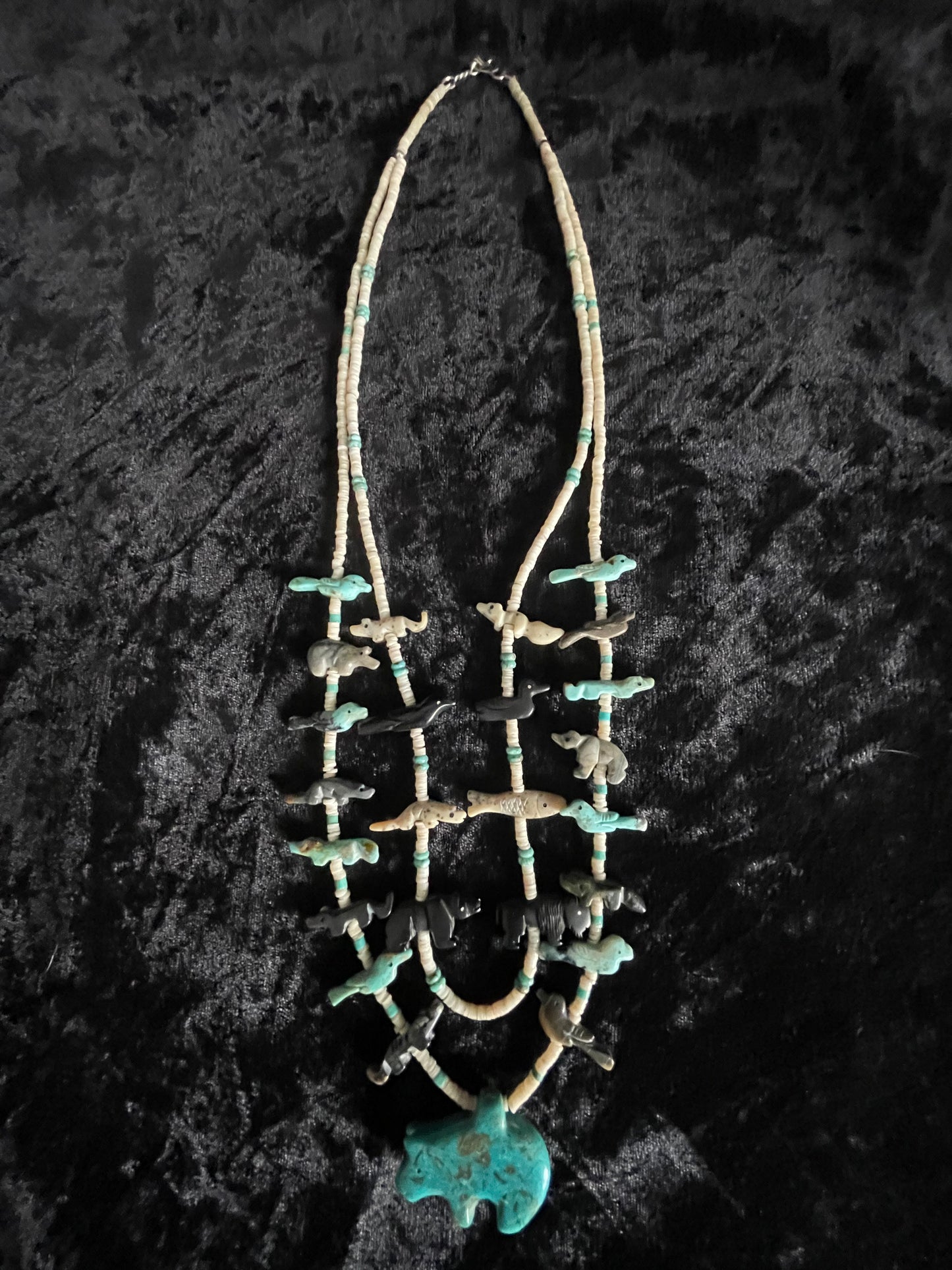 Hand Carved Double Strand Animal Necklace with Jet and Turquoise