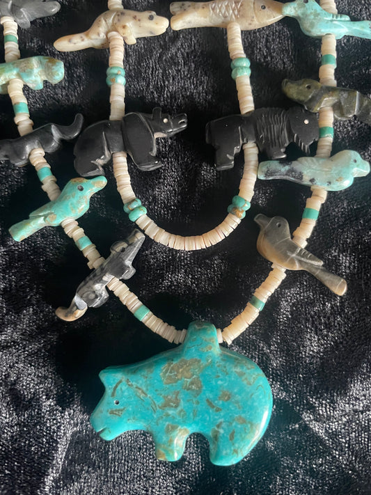 Hand Carved Double Strand Animal Necklace with Jet and Turquoise