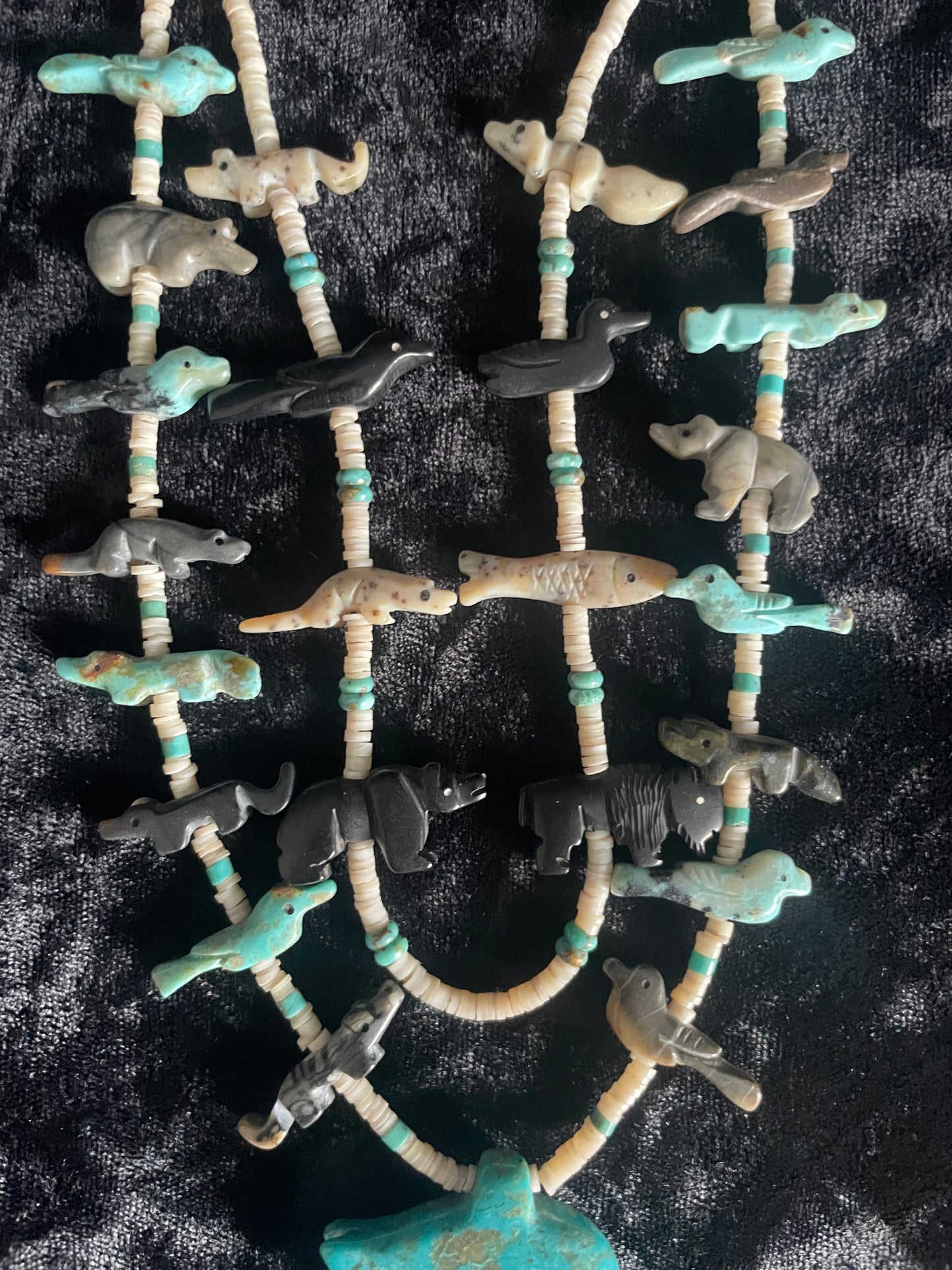 Hand Carved Double Strand Animal Necklace with Jet and Turquoise