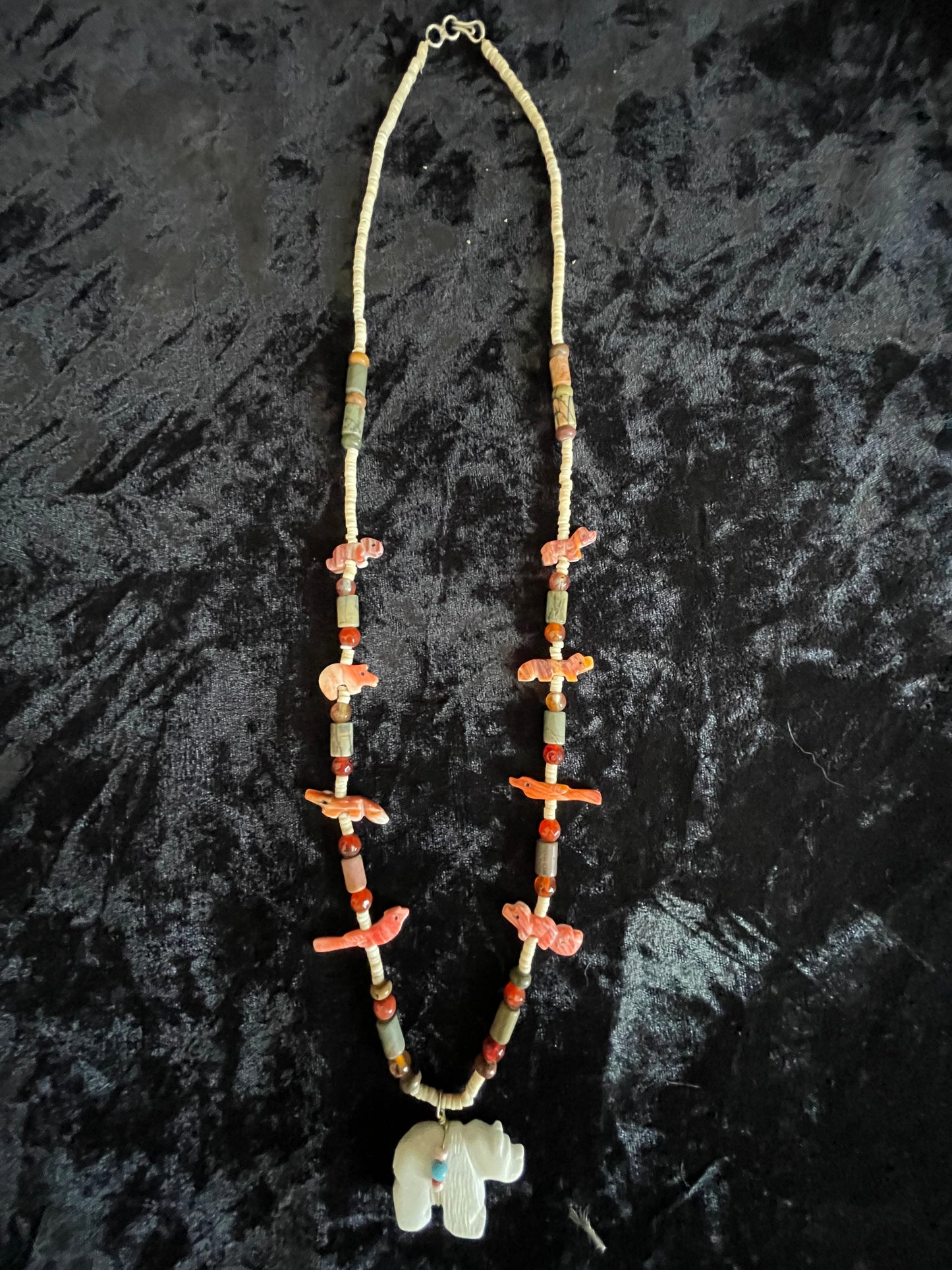 Hand Carved Orange Spiny Shell, Picasso, and White Marble Bear Necklace