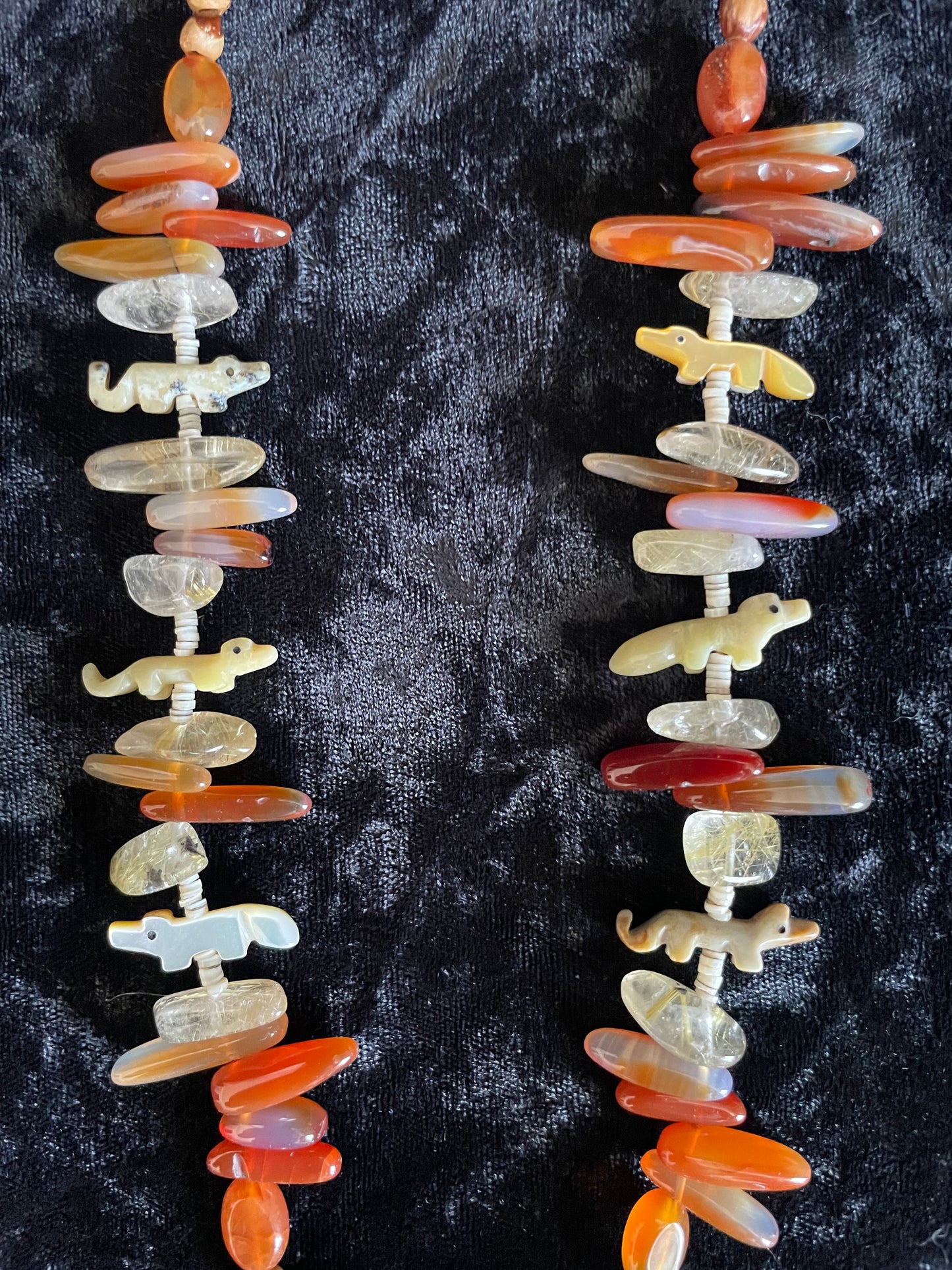 Stone Animal Carvings with Carnelian & Native American Juniper Ghost Beads