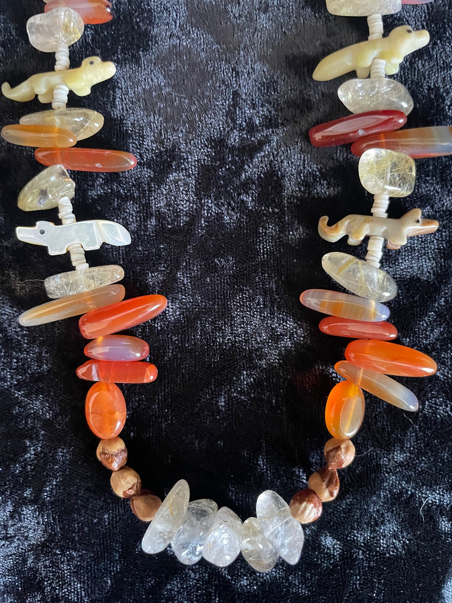 Stone Animal Carvings with Carnelian & Native American Juniper Ghost Beads